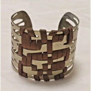 Vintage Intricate Cutout Brass Metal Leather Weave Modernist Wide Cuff Bracelet